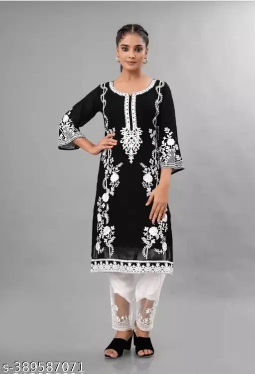 Georgette Embroidered Kurta & Paint Set For Womens, Black (L)