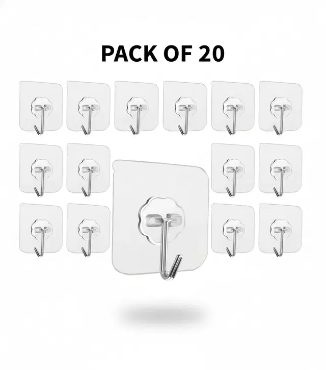 Plastic Wall Hooks, Transparent (Pack of 20)
