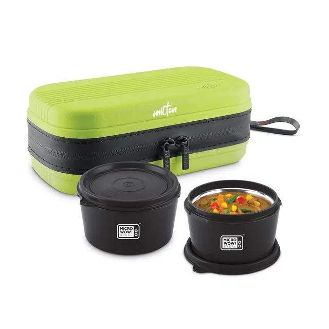 Milton Urban Case Microwavable Lunch Box | Inner Steel, Double Wall, Leak-Proof Design | Compact & Durable Lunch Box for Office use, College, School, (2 x 320 ml), Green