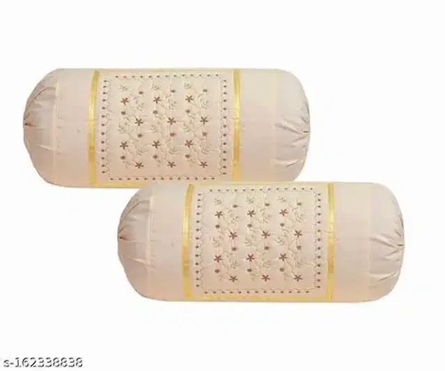 Embroidered Cotton Bolster Cover, Cream, 16x20 inches, Pack of 2