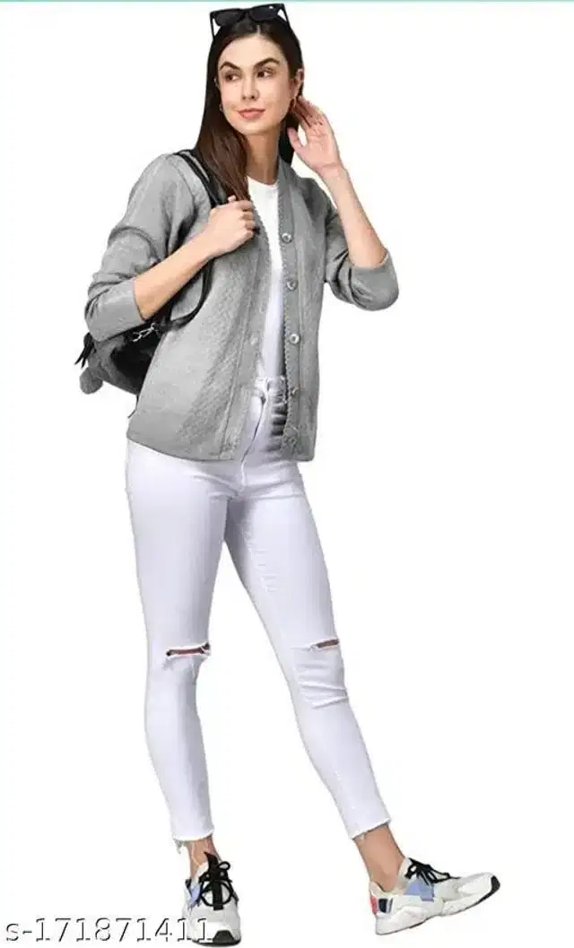 Acrylic Sweater for Women (Grey, M)