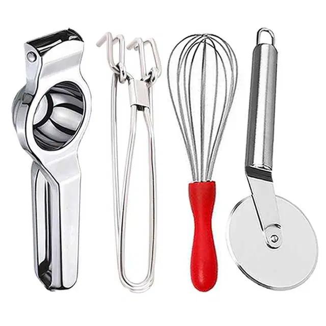 Stainless Steel Lemon Squeezer & Pakkad & Egg Whisk & Pizza Cutter For Kitchen, Set of 4, OC-066