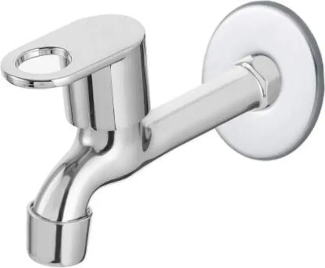 Stainless Steel Long Body Bib Cock Tap with Wall Flange, Silver, Set of 1