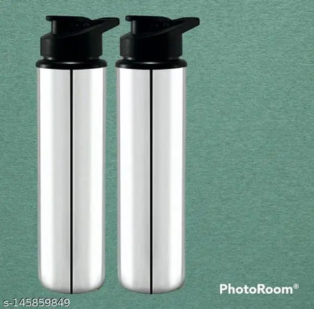 Stainless Steel Sports Water Bottles, Pack of 2, Silver, 1000 ml