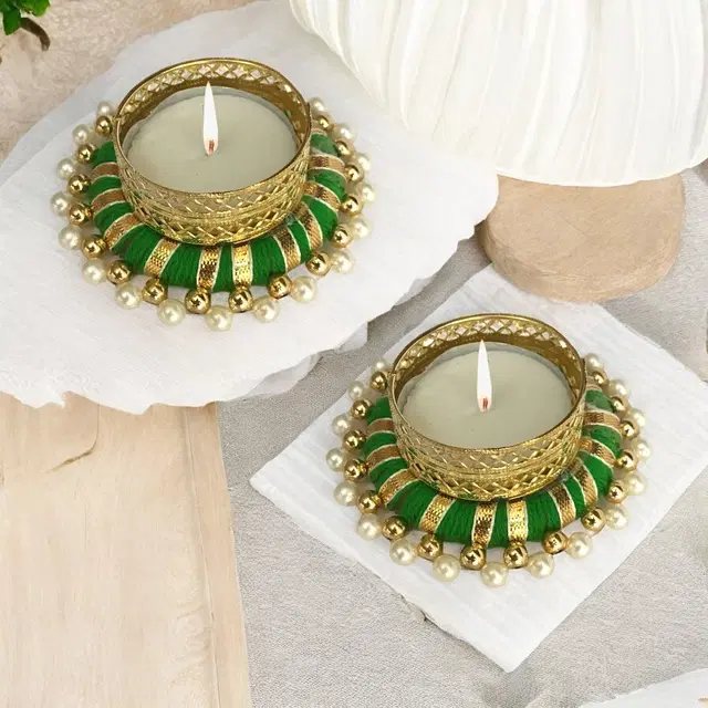 Metal Designer Tealight Candle Holder, Green, 7.8x7.8x3 cm, Pack of 2