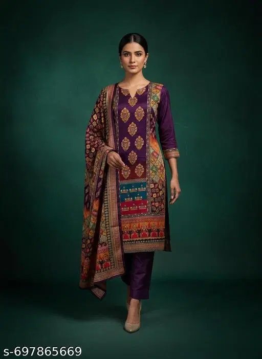 Bandhani Printed Jaipuri Designs Embroidered Top Bottom Duppata for Women (Purple, Un Stitched)