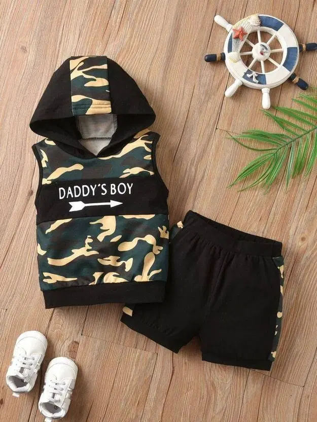 Cotton Blend Printed Clothing Set for Boys, Green & Black (12-18 Months)