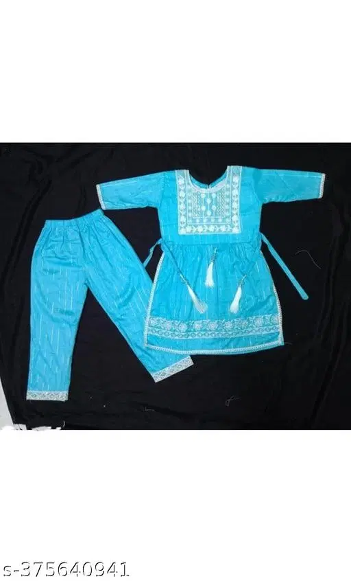 Cotton Blend Kurta Set for Girls (Sky Blue, 0-6 Months)