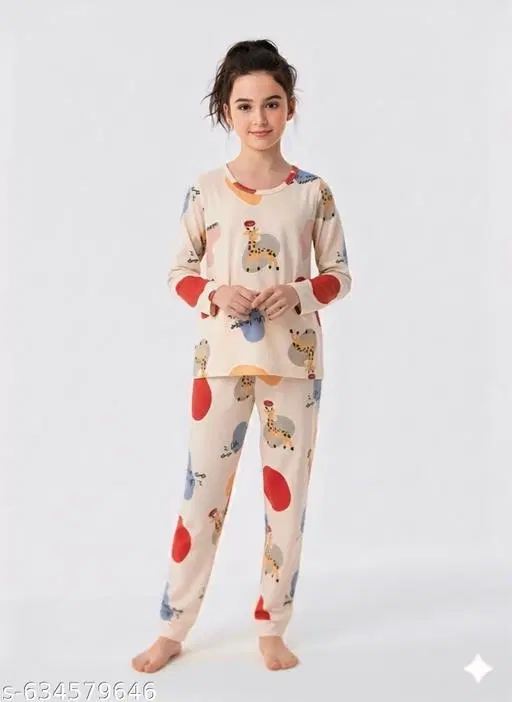 Cotton Blend Night Suit for Girls (Cream, 4-5 Years)