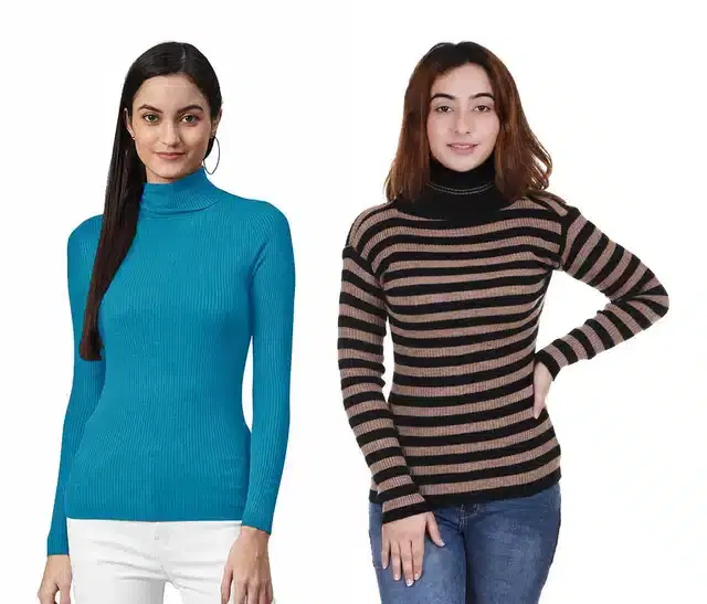 Full Sleeves Solid Sweater for Women, Pack of 2 (Aqua Blue & Brown, S)