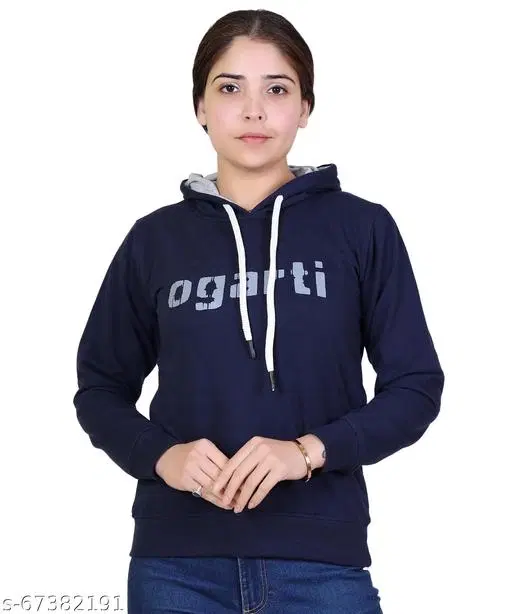 Cotton Blend Printed Hoodie for Women (Navy Blue, L)