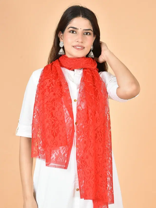 Net Self-Design Dupatta for Women (Red, 2.2 m)