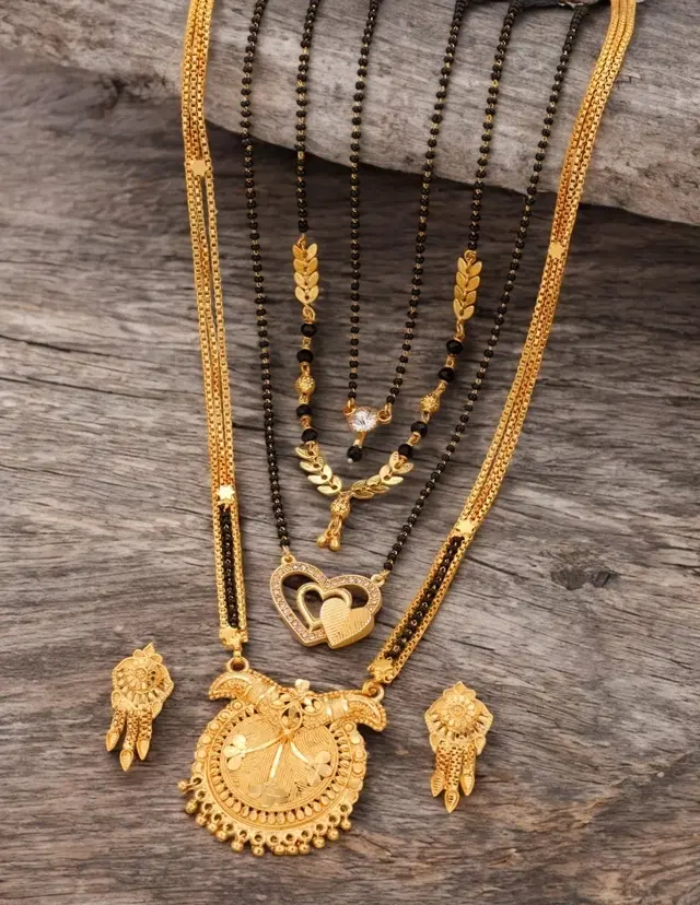 Combo of 4 Pcs Mangalsutras with Earrings Set for Women, Set of 5 (Gold)