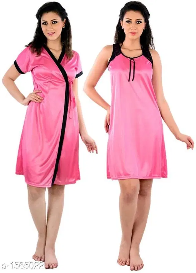 Satin Nightdress Set for Women (Pink, M)