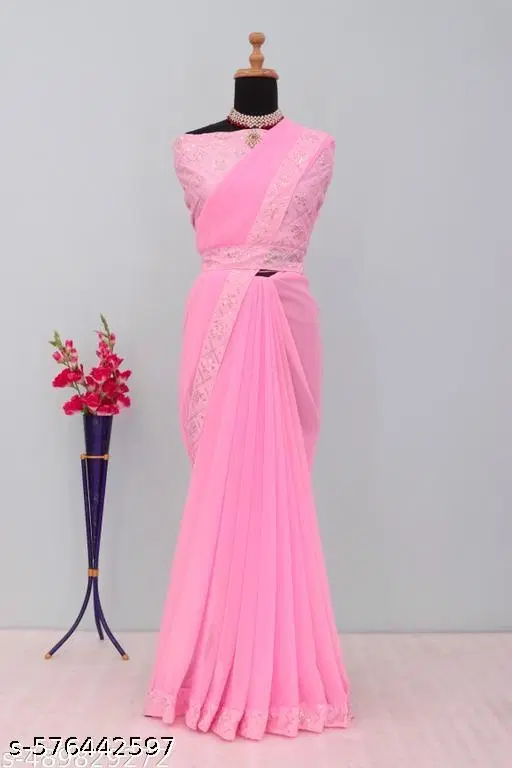 Chiffon Embellished Saree For Women, Pink