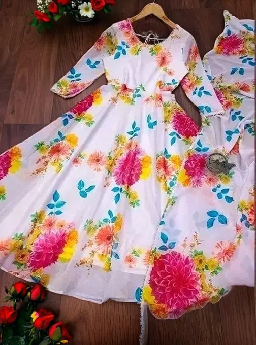 Georgette Printed Gown with Dupatta for Girls (Multicolor, XS)