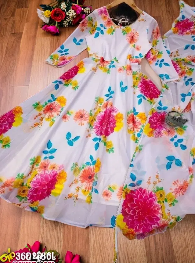 Georgette Printed Gown with Dupatta for Girls (Multicolor, XS)