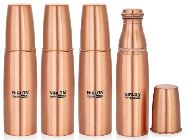 Nirlon Amrutam Copper / Tamba Water Bottle With Glass, 1000Ml, 4 Piece, Copper | Leak Proof | Office Bottle | Gym Bottle | Yoga Bottle | Home | Kitchen | Hiking | Treking Bottle | Travel Bottle