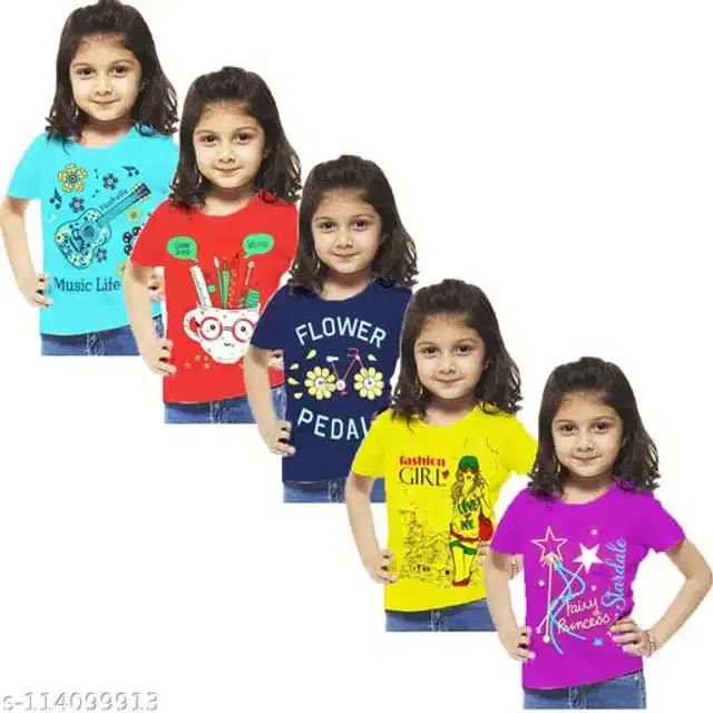Cotton Half Sleeves T-Shirt for Girls, Pack of 5 (Multicolor, 1-2 Years)