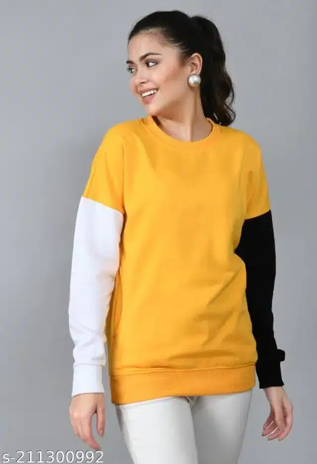 Fleece Colorblocked Full Sleeves Round Neck Sweatshirt for Women (Mustard, M)