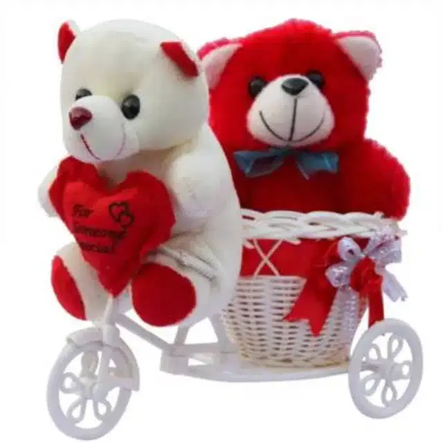 Plastic Rickshaw with 2 Pcs Teddy Bear Valentine Gift, White & Red, Set of 1