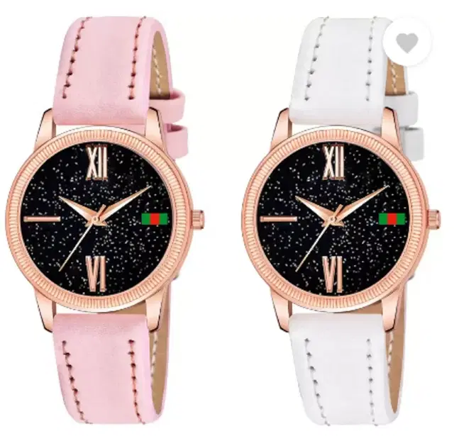 Leather Strap Analog Watch for Women & Girls, Pack of 2 (Multicolor)