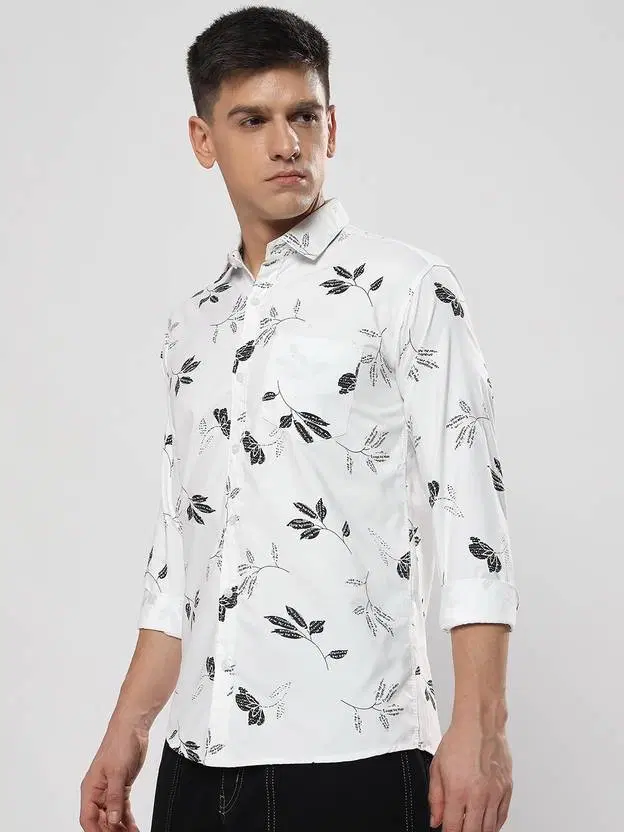 Poly Cotton Full Sleeves Printed Shirt for Men, White (XXL)