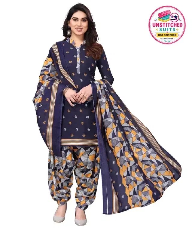 Cotton Blend Block Print Unstitched Suit with Dupatta for Women, Blue