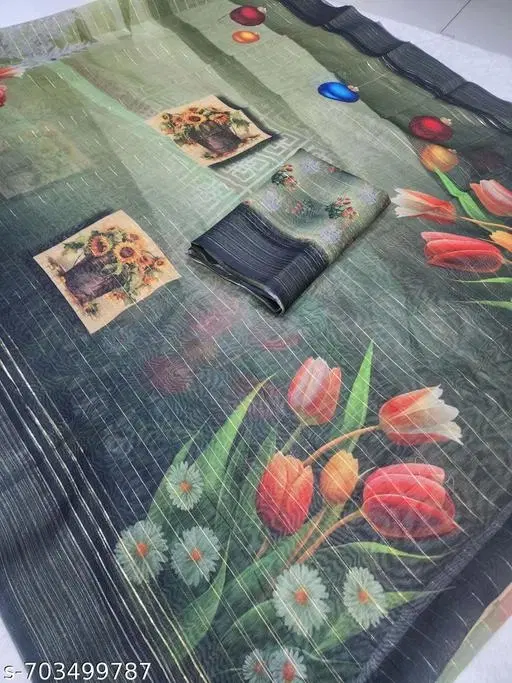 Floral Printed Chanderi Saree (Green, Free Size)