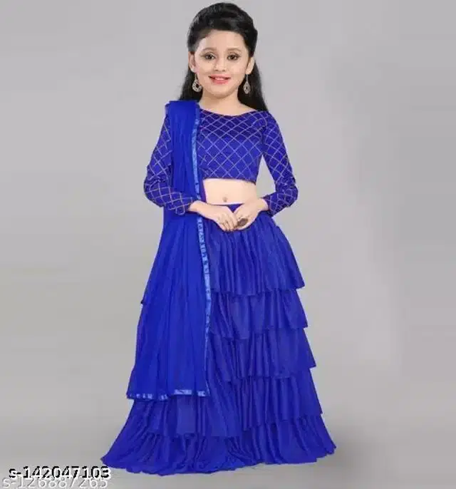 Satin Lehenga Choli With Dupatta for Girls (Navy Blue, 9-10 Years)
