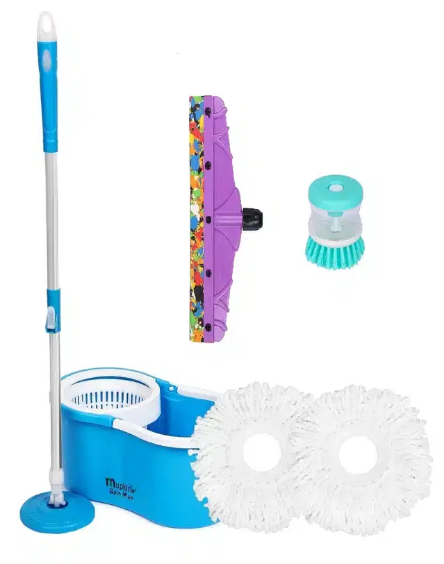 PVC Magic Spin Bucket Mop with 2 Refill & Cleaning Accessories Set, Blue, Set of 3