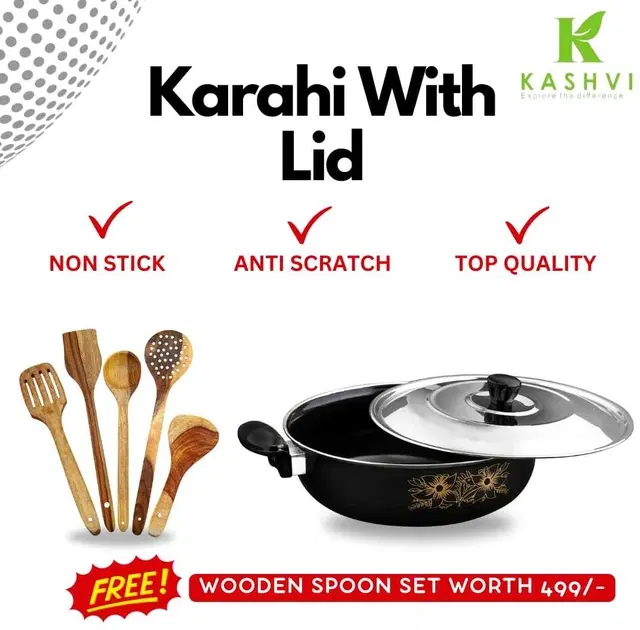 Cast Iron Kadai with 5 Pcs Spatula Set, Multicolor, Set of 2
