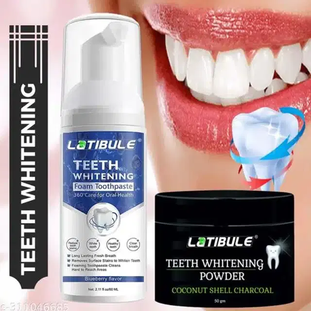 Latibule Teeth Whitening Foam Toothpaste 60 ml with Teeth Charcoal Powder 50 g, Set of 2