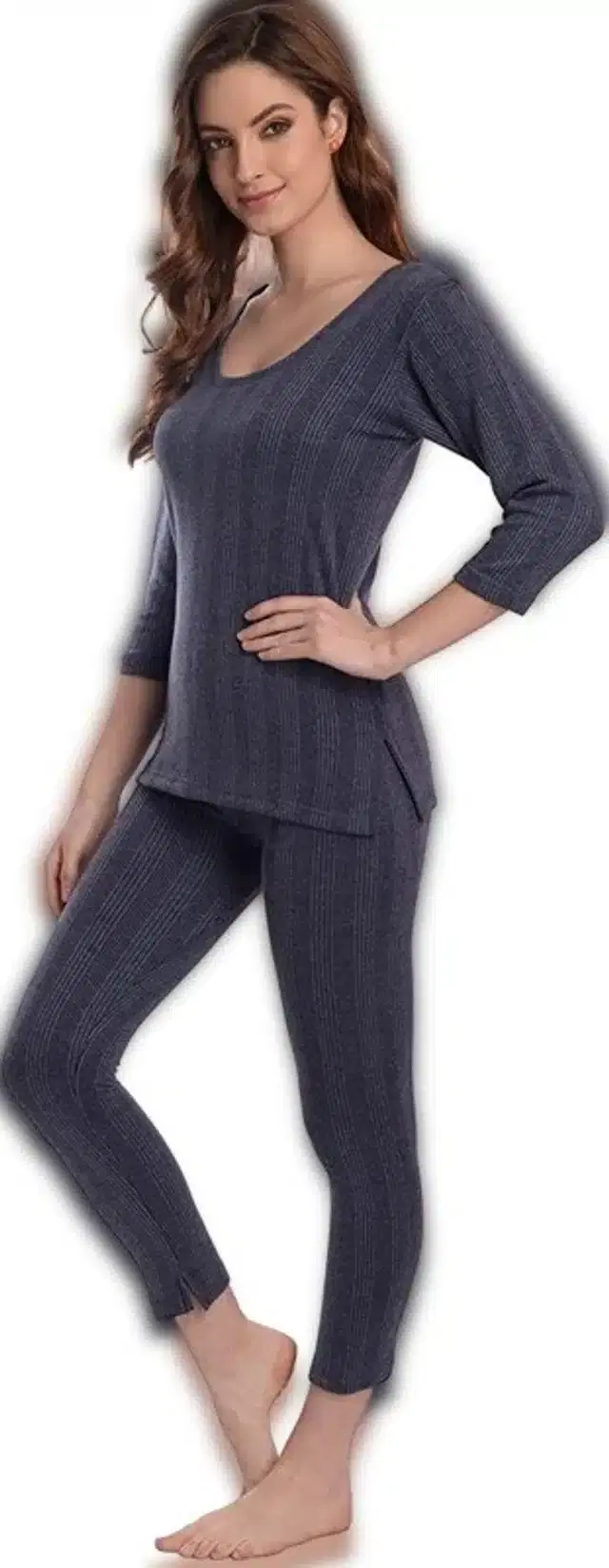Polycotton Solid Thermal Set for Women (Grey, XL)