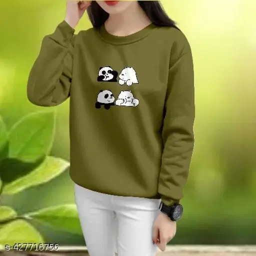 Cotton Printed Sweatshirt for Women (Olive, XS)