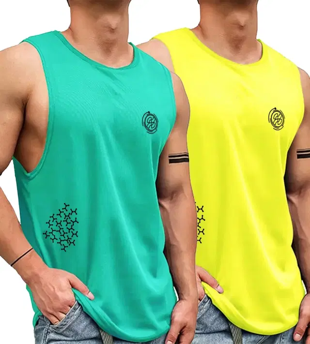 Polyester Printed Vest for Men, Pack of 2 (Green & Yellow, S)