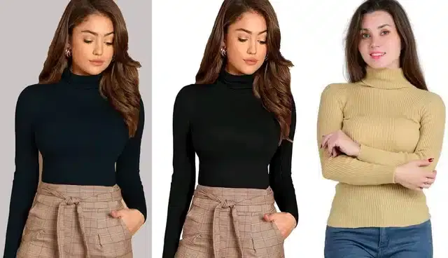 Womens' Stylish High Neck Sweater, Pack of 3 (Multicolor, L) (SC-21)