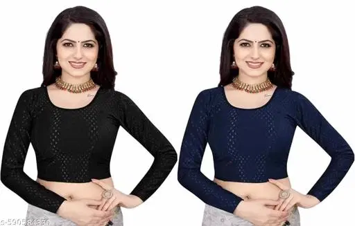 Lycra Ready Made Blouse for Women, Black & Blue, Pack of 2 (26)