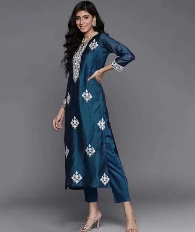 Viscose Embroidered Kurta with Pant & Dupatta for Women (Multicolor, S)