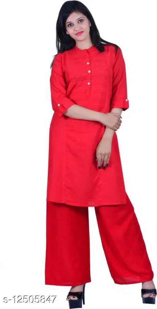 Rayon Kurta & Payjama Set For Women, Red (S)