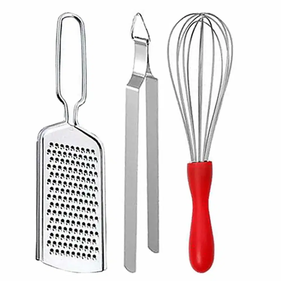 Oc9 Stainless Steel Cheese Grater & Roti Chimta & Egg Whisk For Kitchen Tool Set, Oc-371