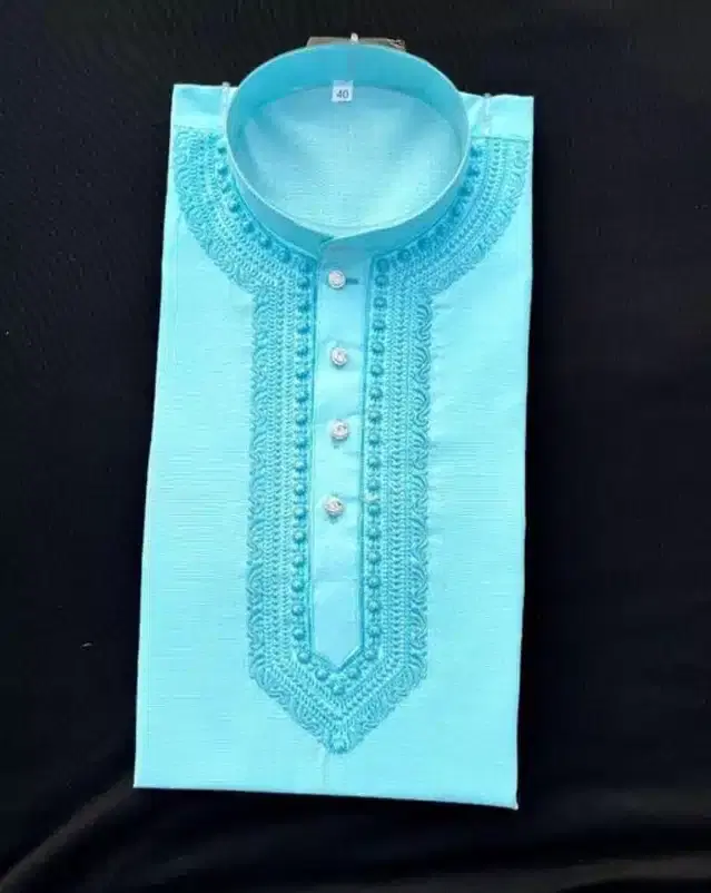 Cotton Blend Embroidered Kurta for Men (Aqua Blue, XL)