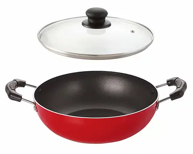 Aluminium Nonstick Kadhai with Lid, Red, 1.5 L