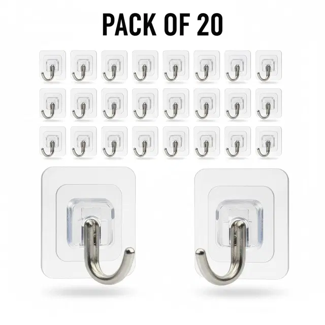 Plastic Wall Hooks, Transparent (Pack of 20)