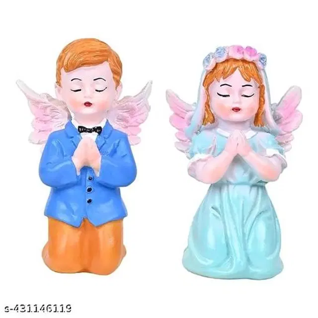Resin Angel Girl & Wings Boy Sttaue for Home Décor, Multicolor, Pack of 2