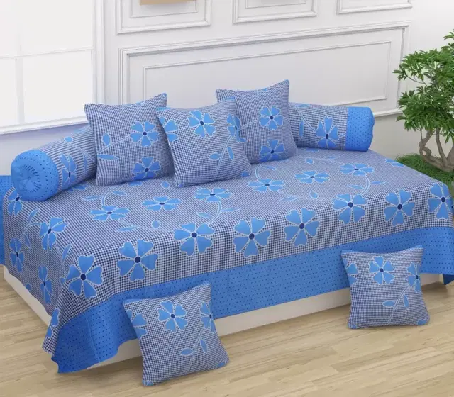 Swadeshi Style PolyCotton Diwan Set with 8 Pieces 1 Single Bed Sheet with 5 Cushions Covers and 2 Bolster Covers, Multicolor, 150 cm X 230 cm, DD-58