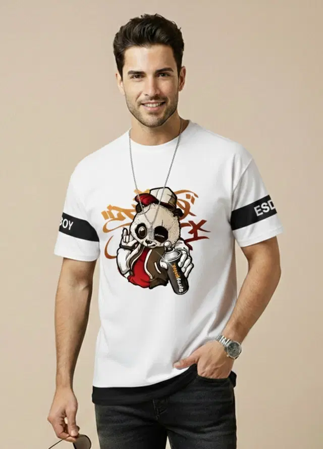Polyester Printed T-shirt for Men, White (L)