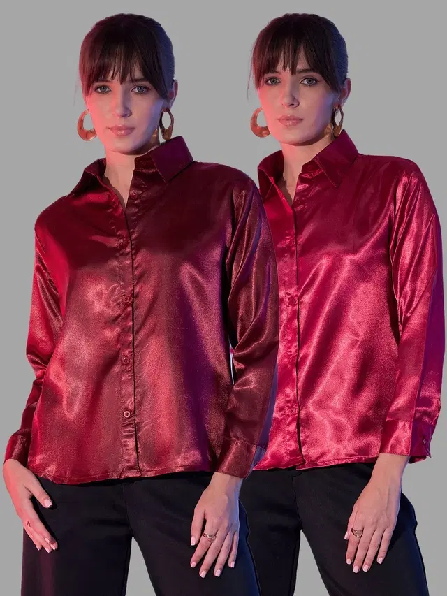 Full Sleeves Solid Shirt for Women, Pack of 2 (Maroon & Red, S)