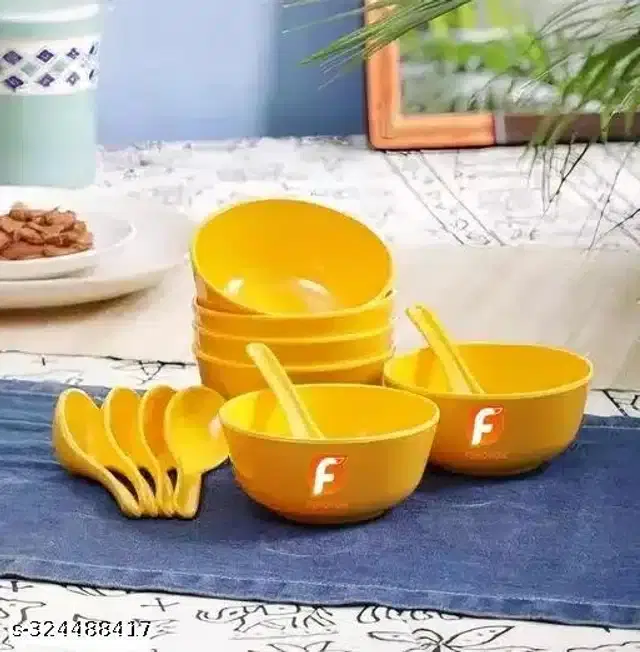 Plastic 6 Pcs Bowls, 250 ml with 6 Pcs Spoons, Yellow, Set of 2