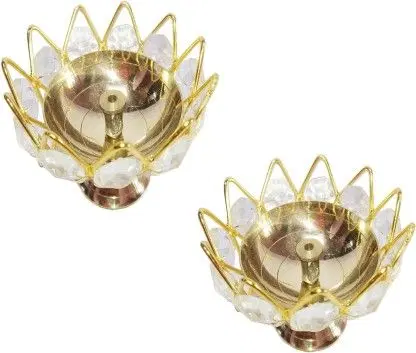 Heaven Decor Small Brass And Crystal Akhand Diya Bowl Style Brass Table Diya, Set of 2, 1.9 Inch, A017